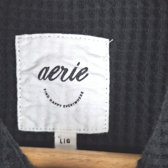 Aerie Top Large Black Lumberjane Waffle Knit Oversized Button Up Cozy Shacket - Picture 2 of 6